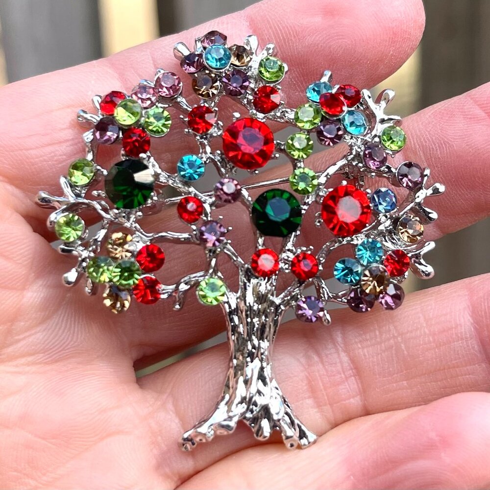 Tree of Life Rhinestone Brooch Tree Brooch Pin Silver Tone